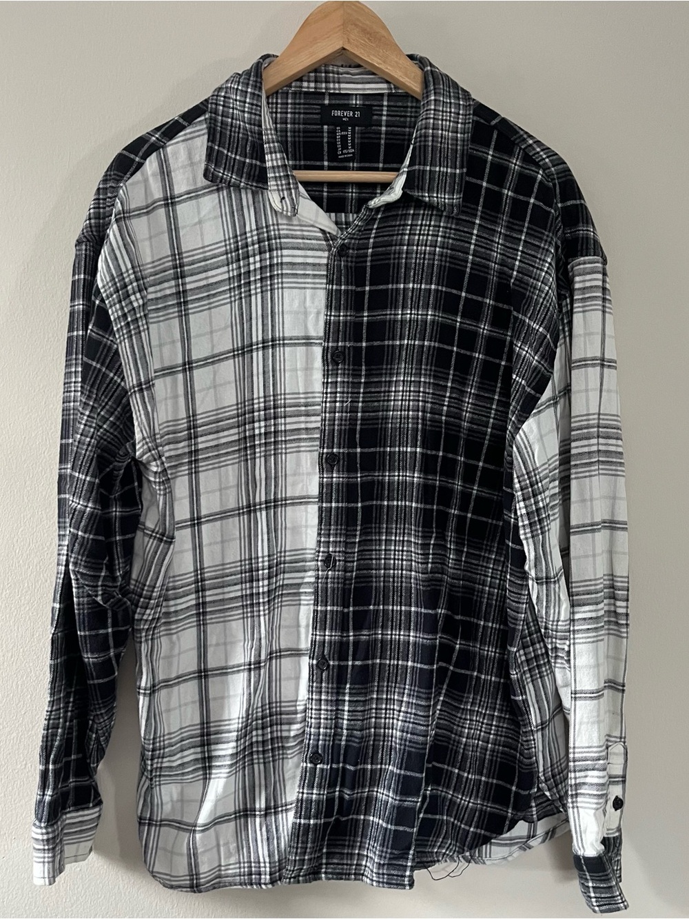 Forever 21 Men’s Black & White Half and Half Plaid Button-Down Shirt